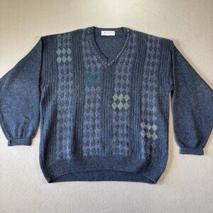 VTG Cassan‎ Bueckle Sweater Mens L Blue Argyle Diamond Knit Pullover Grandpa 90s
